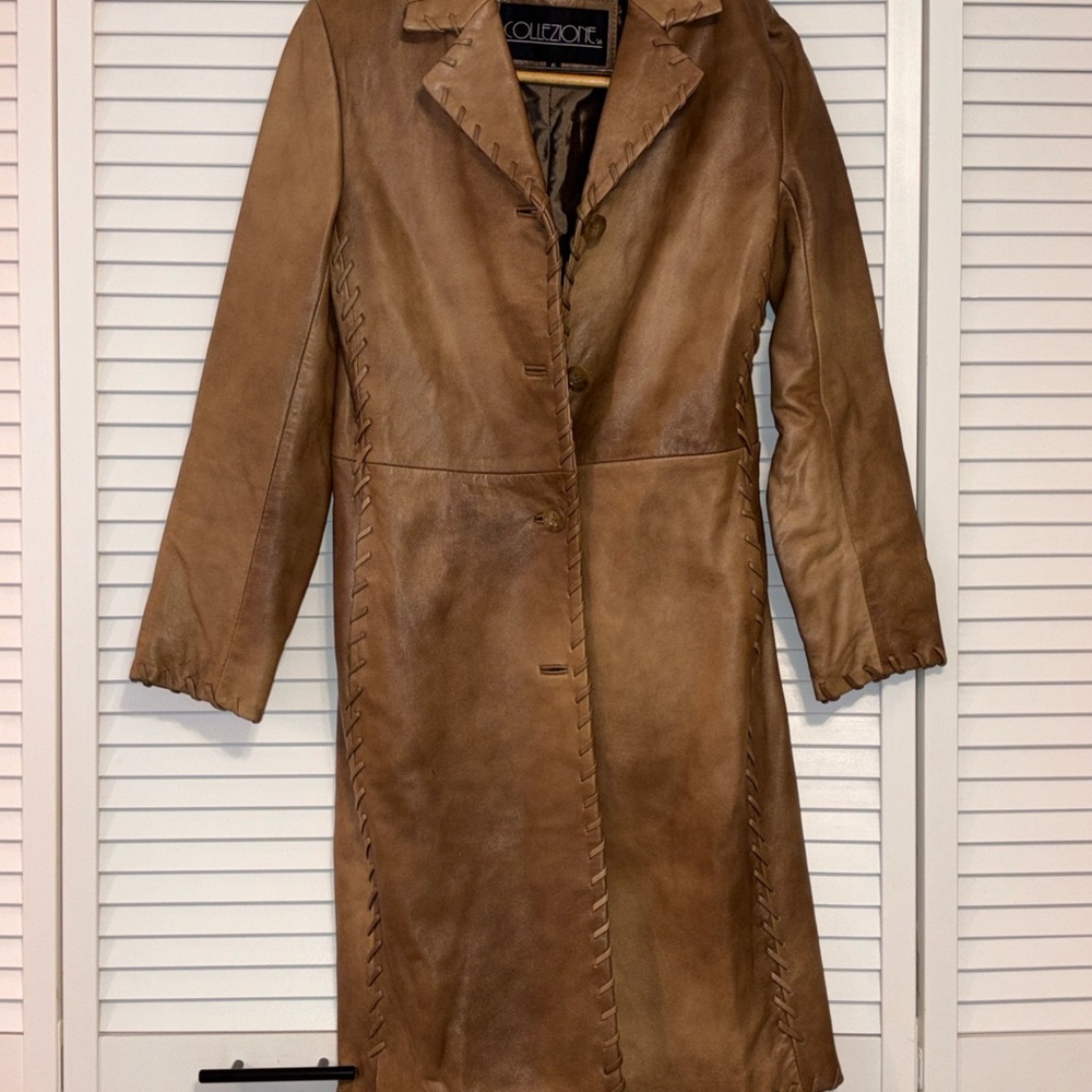 Collezione vintage brown leather whip stitch collared button-up vented coa